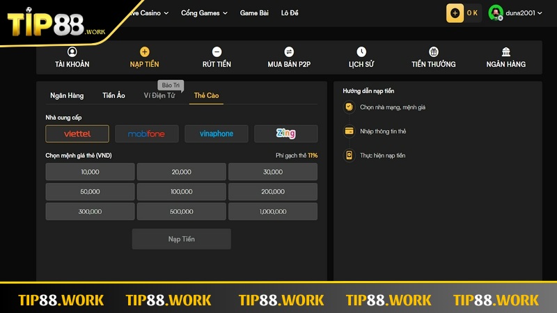 Các thao tác thực hiện nạp tiền Tip88 không phức tạp